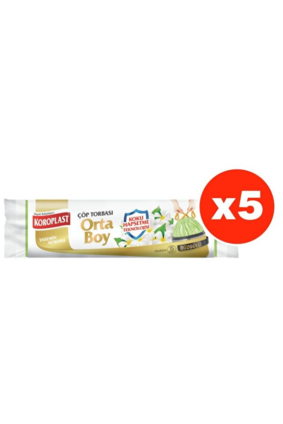 Koku Hapsetme Yasemin Büzgülü Orta Boy 15li Çöp Torbası X 5 Paket (55*60 Cm)