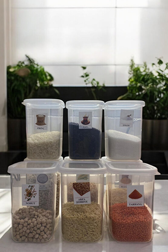 9lu Etiketli Saklama Kabı Gıda Erzak Bakliyat Saklama Kabı Çeyiz Seti - 1,2 Lt Şeffaf