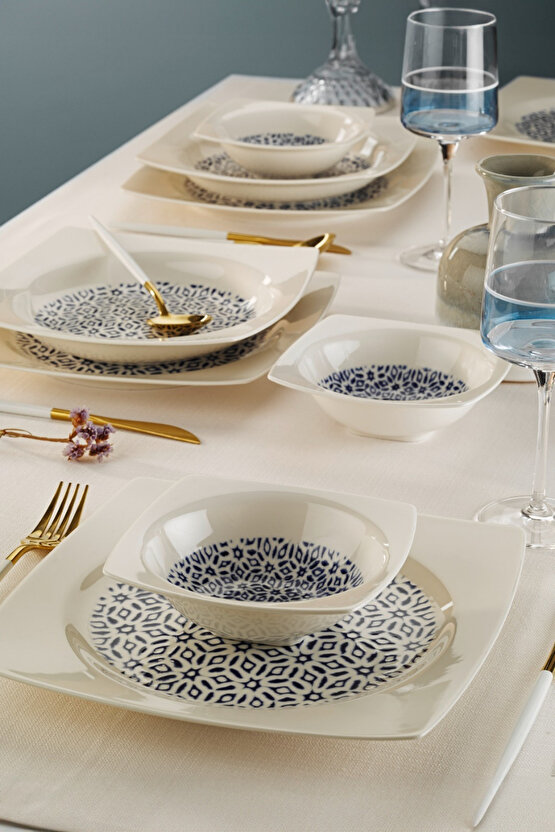 Caroline 6 Kişilik 24 Parça Porselen Kare Yemek Takımı Pasta Çorba Yemek Servis Tabağı Takımı Set