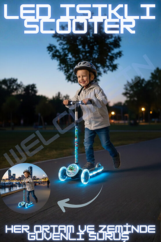 Yüksekliği Ayarlanabilen (67-73 Cm) Led Işıklı 3 Tekerli Scooter (Kask Dahil Değildir)