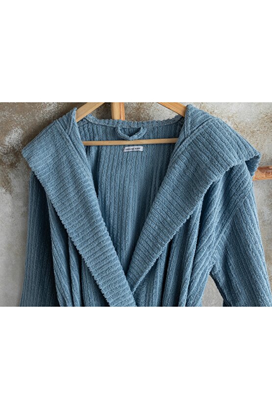 Stripe Pamuklu Fitilli Bornoz S-m Indigo