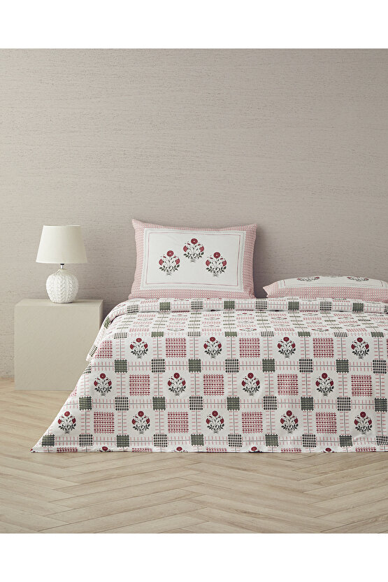Floral Grid Pamuklu King Size Nevresim Seti Gül Kurusu
