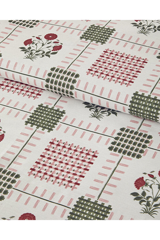 Floral Grid Pamuklu King Size Nevresim Seti Gül Kurusu