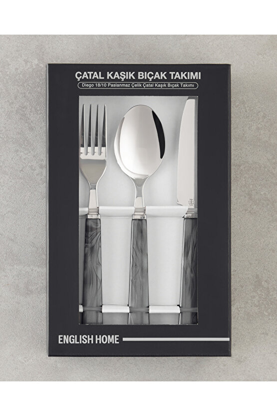 Diego Paslanmaz Çelik Çatal Kaşık Bıçak Takımı 18 Parça 6 Kişilik Siyah
