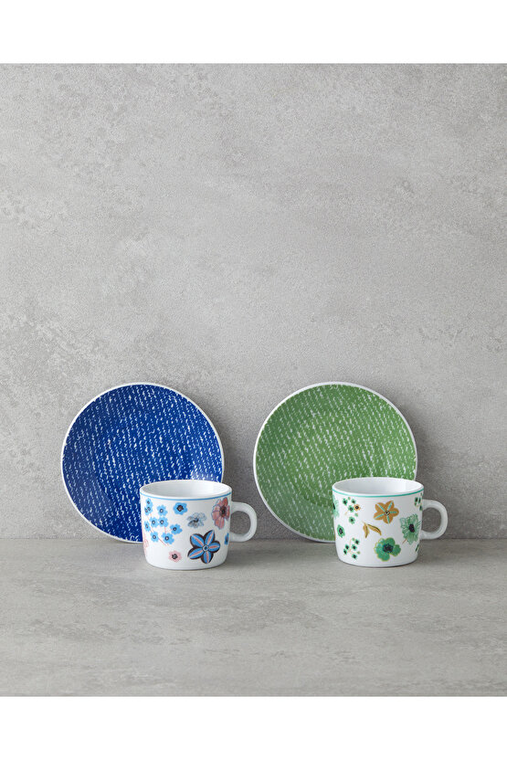 Dewy Porselen 4 Parça 2 Kişilik Kahve Fincan Takımı 80 ml Mavi-yeşil