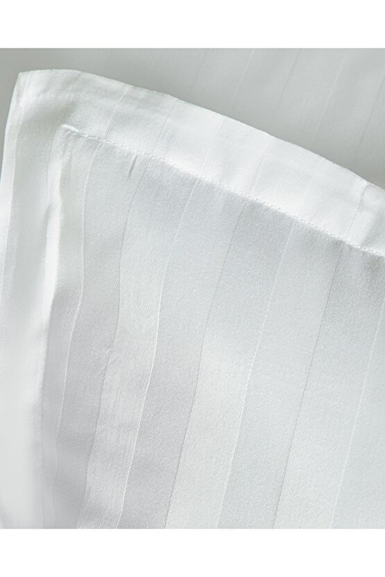 Brilliant Çizgili Pamuk Saten Kulaklı 2 li Yastık Kılıfı Beyaz 50 x 70 Whıte Collectıon
