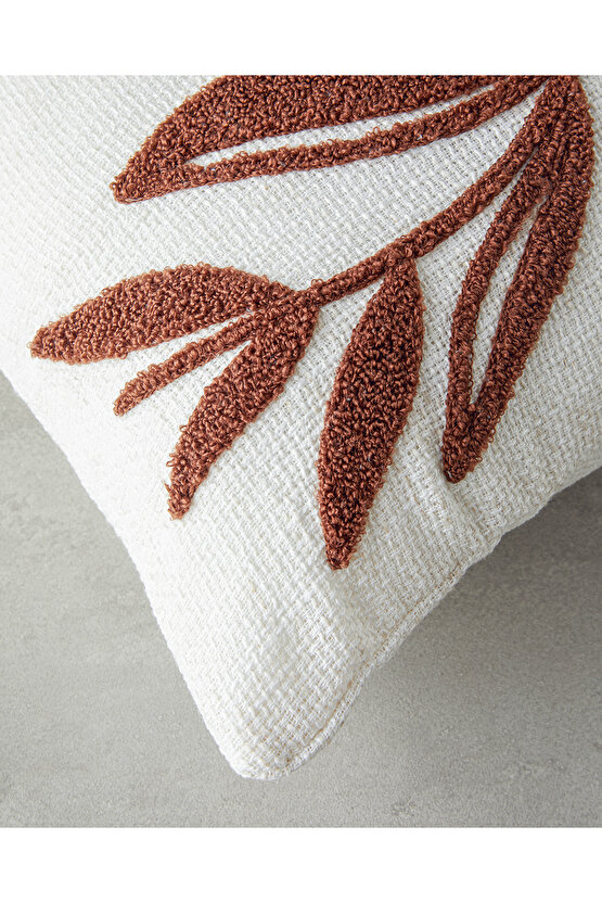 Foglie Punch Nakışlı Kırlent Kılıfı 45x45 cm Ekru