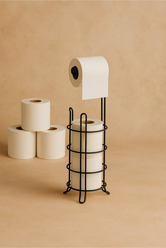 Ayaklı Yedekli Metal Tuvalet Kağıtlığı - Siyah Tel Tasarım - Banyo Düzenleyici