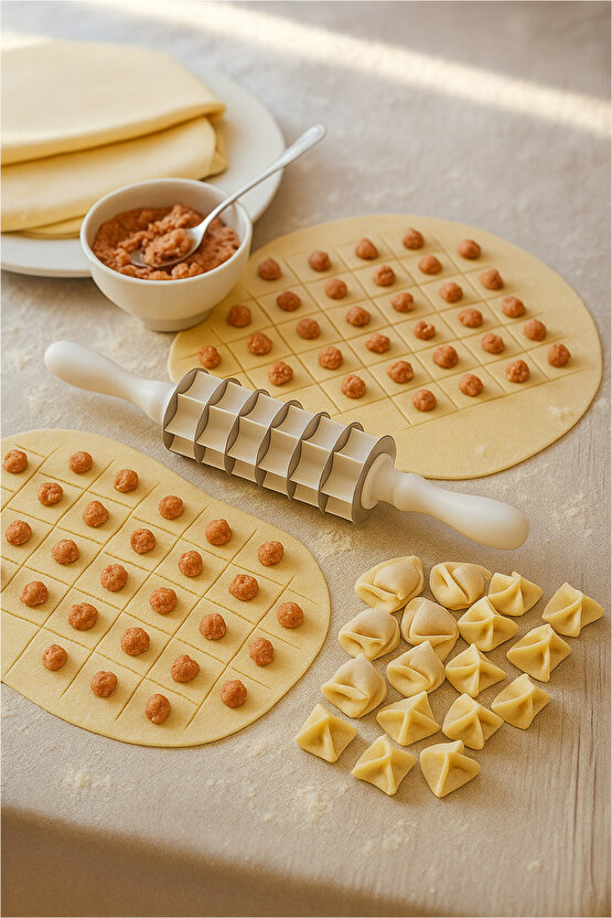 Pratik Kare Mantı Kesme Merdanesi – Çelik Bıçaklı - Çoklu Kesim Aparatı