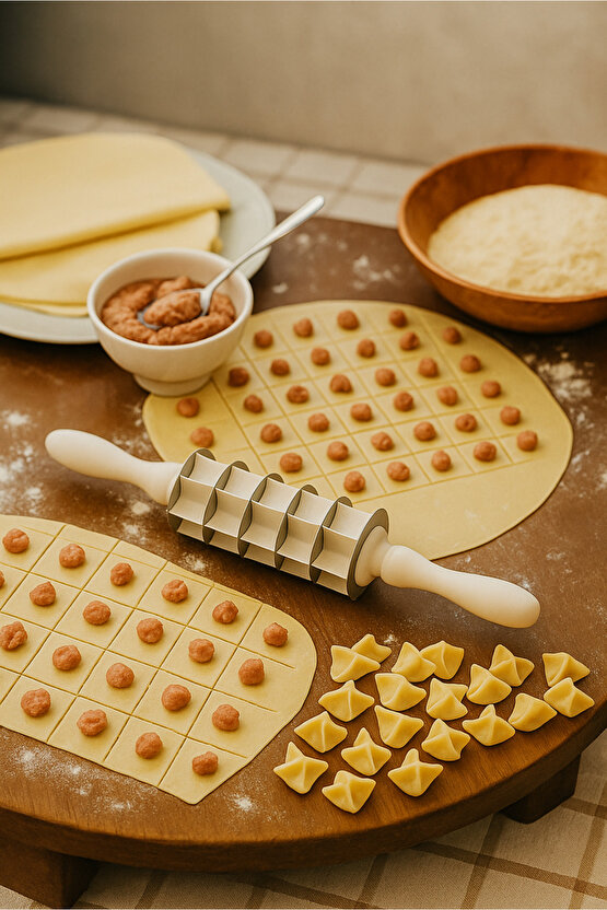 Pratik Kare Mantı Kesme Merdanesi – Çelik Bıçaklı - Çoklu Kesim Aparatı