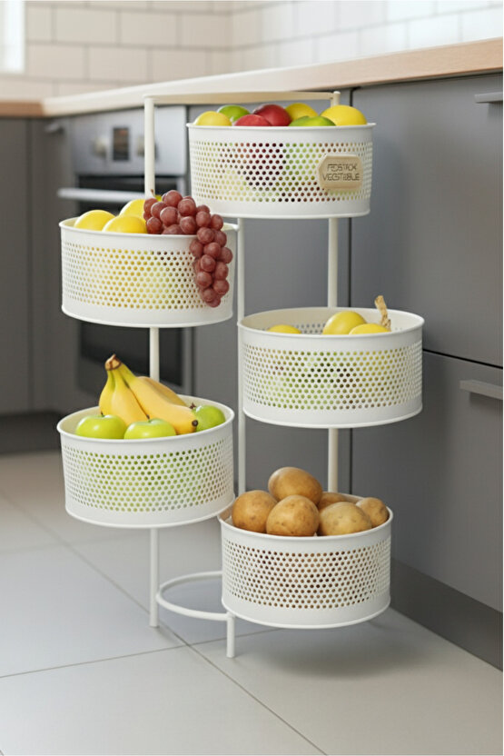 Metal Sebzelik 5 Katlı Tepsili Açılır Metal Patates Soğan Meyvelik Sepeti Rafı Beyaz