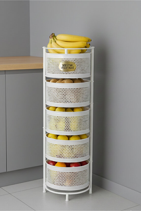 Metal Sebzelik 5 Katlı Tepsili Açılır Metal Patates Soğan Meyvelik Sepeti Rafı Beyaz