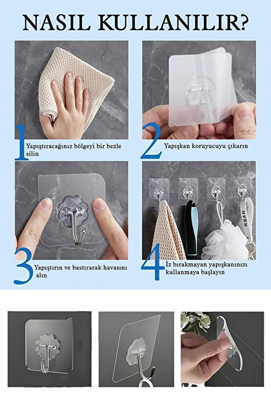 10 Adet - Kendinden Yapışkanlı Çok Amaçlı Kancalı Askı