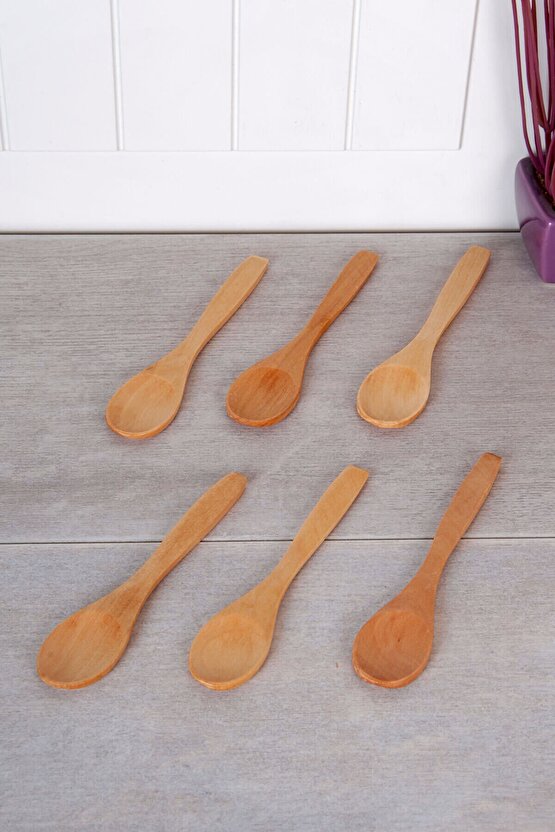 6 Adet Ahşap Mama Kaşığı - Reçel Bal Servis Çay Kaşık 13 Cm