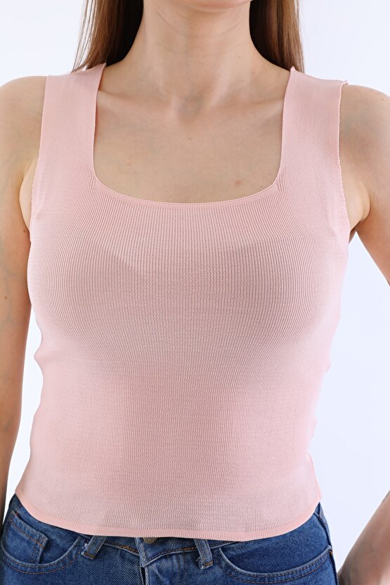 Kadın Pembe Kolsuz Bluz Kalın Askılı Atlet Ince Yazlık Kare Yaka Triko