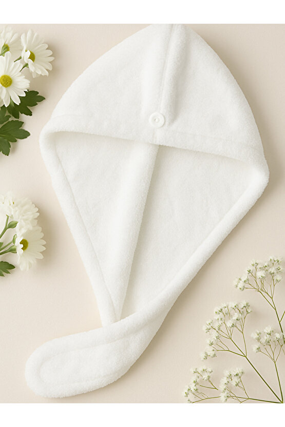 Saç Havlusu Peluş Kumaş Hızlı Kuruma Düğmeli Asılabilir Hafif Banyo Bonesi Yıkanabilir Beyaz 40x50cm
