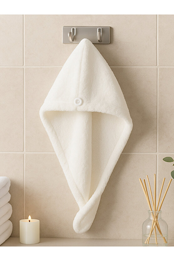 Saç Havlusu Peluş Kumaş Hızlı Kuruma Düğmeli Asılabilir Hafif Banyo Bonesi Yıkanabilir Beyaz 40x50cm