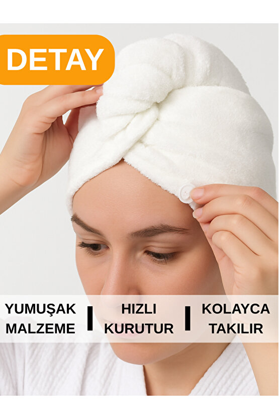 Saç Havlusu Peluş Kumaş Hızlı Kuruma Düğmeli Asılabilir Hafif Banyo Bonesi Yıkanabilir Beyaz 40x50cm