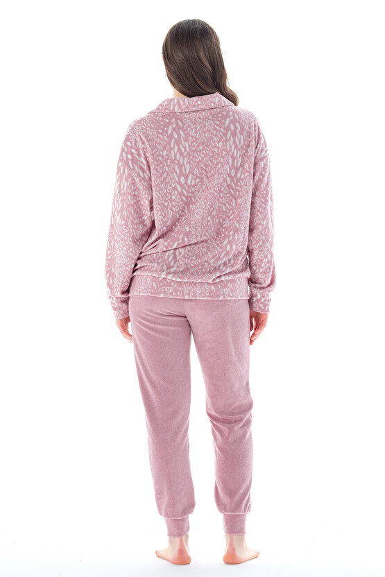 Kadın Asortik Yakalı Desenli Paçası Lastikli Havlu Pijama Takımı