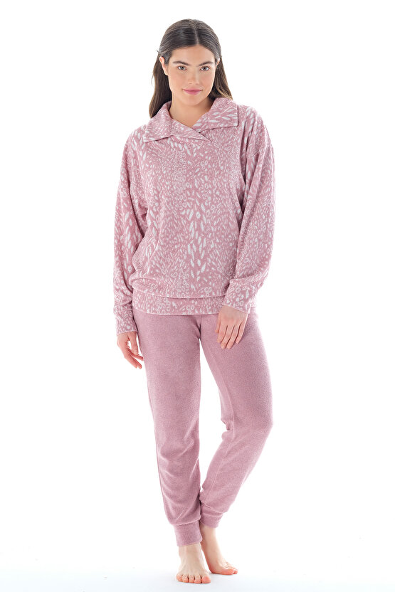 Kadın Asortik Yakalı Desenli Paçası Lastikli Havlu Pijama Takımı