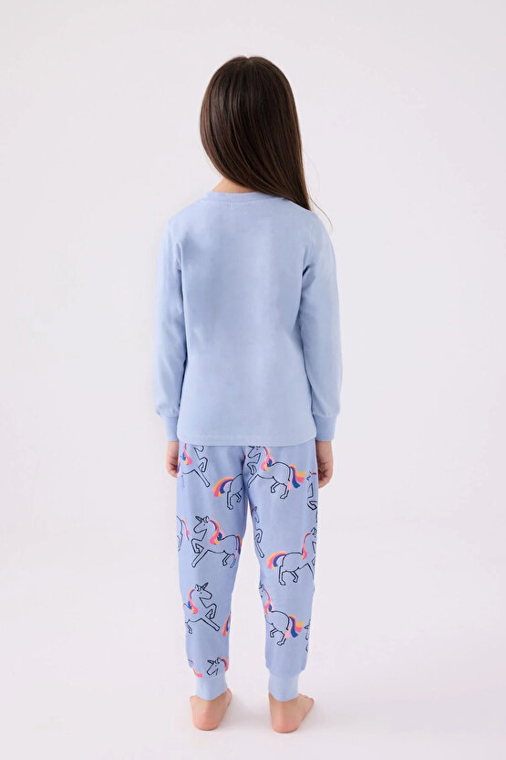 Kız Çocuk Mavi Uzun Kol Pijama Takım