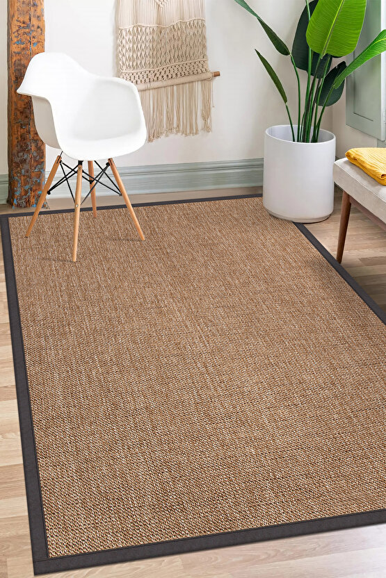 0604-Antrasit Kumaş Bordür Sisal Jut Halı Kilim Hav Toz Vermez Kolay Temizlenen Hasır Kilim