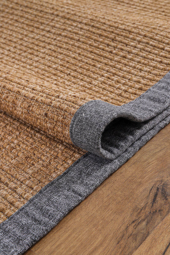 0465-Gri Kumaş Bordür Sisal Jut Halı Kilim Hav Toz Vermez Kolay Temizlenen Hasır Kilim