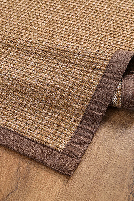 0465-Kahverengi Kumaş Bordür Sisal Jut Halı Kilim Hav Toz Vermez Kolay Temizlenen Hasır Kilim