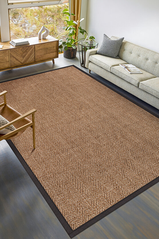 0503-Antrasit Kumaş Bordür Sisal Halı Kilim Hav Toz Vermez Kolay Temizlenen Hasır Kilim