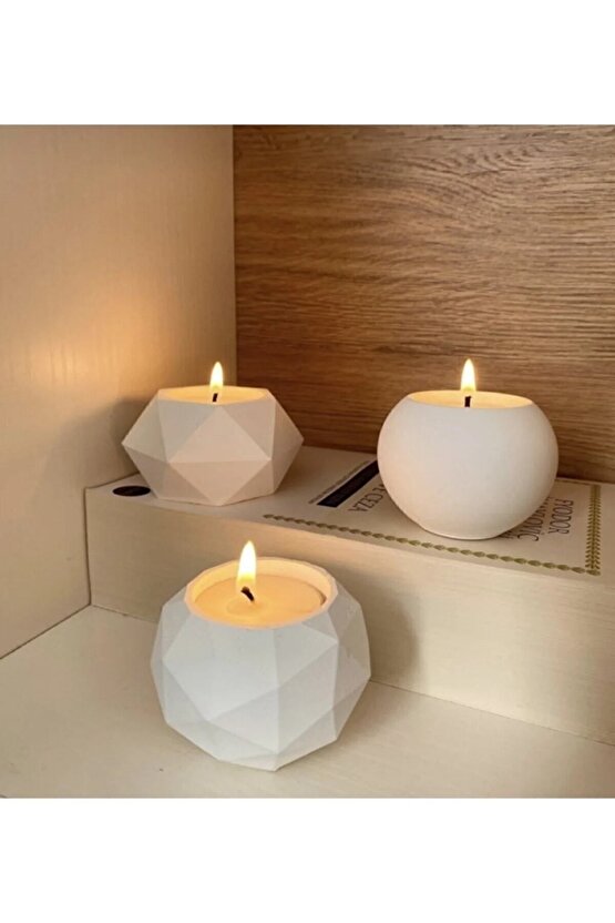 Tealight Beton Mumluk 3 Lü Set, Dekoratif Hediyelik Ham Beyaz 5 X 7 Cm