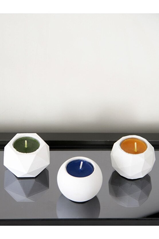 Tealight Beton Mumluk 3 Lü Set, Dekoratif Hediyelik Ham Beyaz 5 X 7 Cm