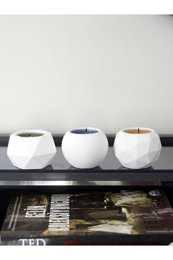 Tealight Beton Mumluk 3 Lü Set, Dekoratif Hediyelik Ham Beyaz 5 X 7 Cm
