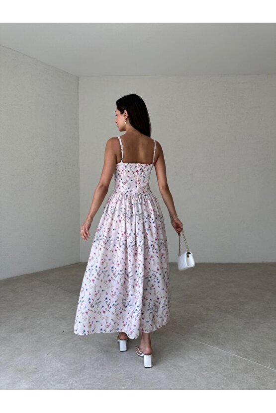 Desenli Askılı Korse Formlu Pudra Uzun ELbise