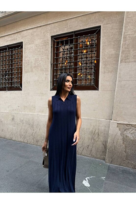 Gömlek Yaka Sıfır Kol Çizgi Desen Uzun Siyah Triko Elbise