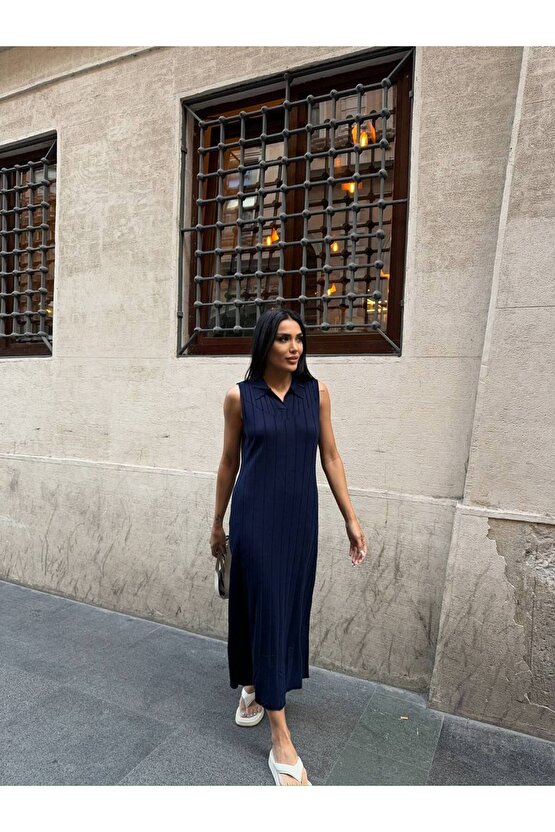 Gömlek Yaka Sıfır Kol Çizgi Desen Uzun Siyah Triko Elbise