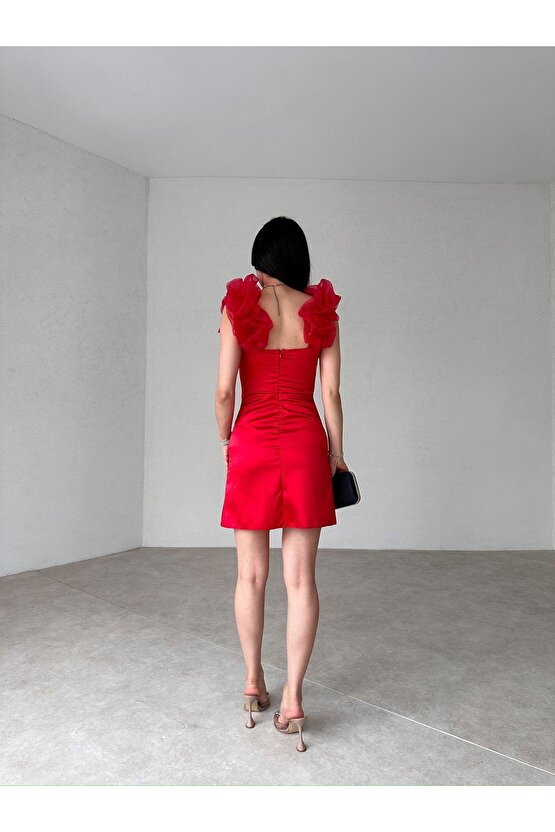 Organze Ayarlanabilir Kol Korse Formlu Mini Kırmızı Saten Elbise
