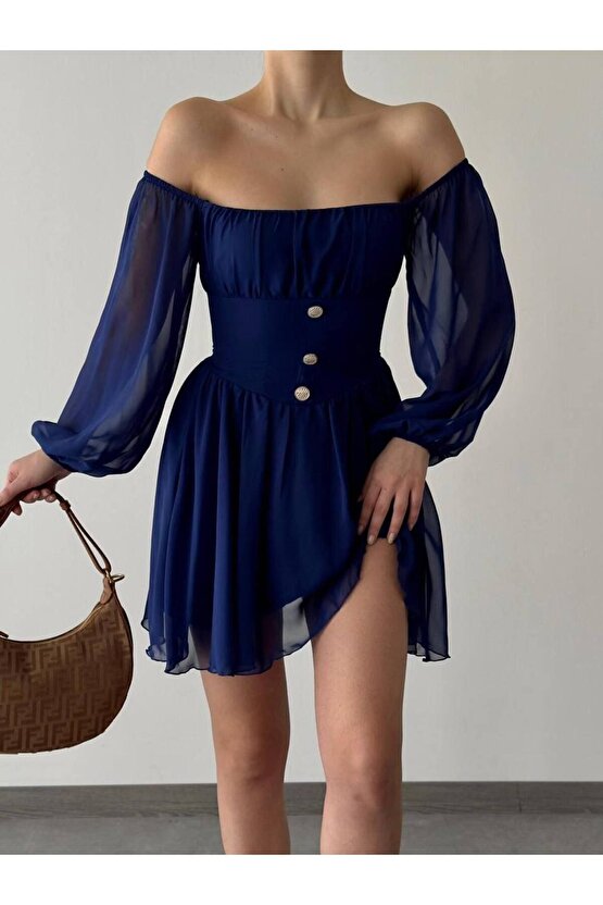 Düğme Detaylı Mini Şifon Elbise