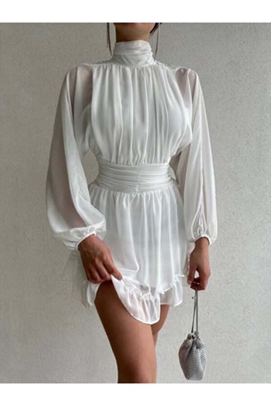 Kadın Dik Yakalı Şifon Elbise