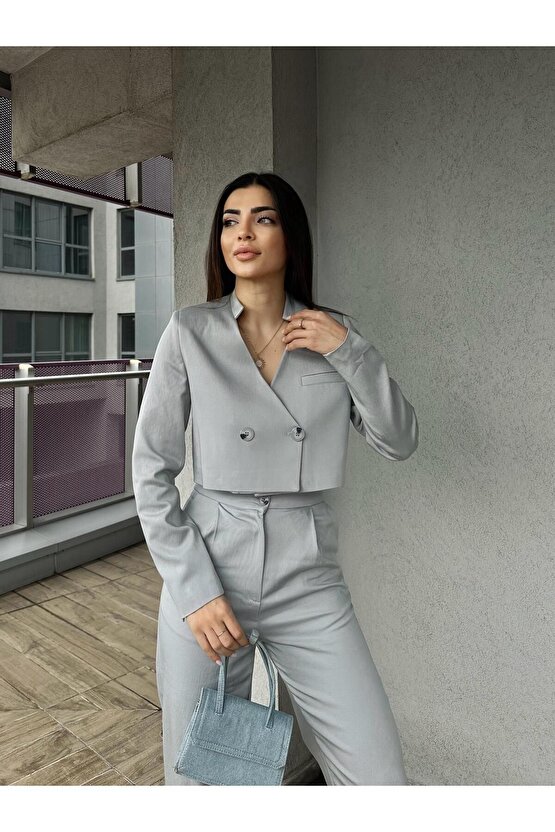 Crop Ceket Pantolon Takım