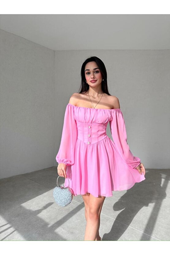 Düğme Detaylı Mini Şifon Elbise