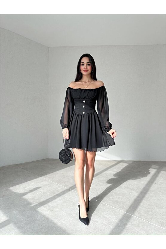 Düğme Detaylı Mini Şifon Elbise