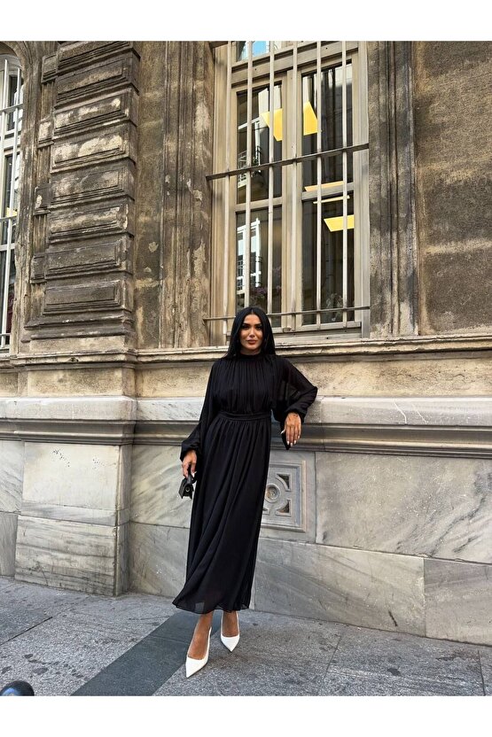 Uzun Kollu Midi Şifon Elbise