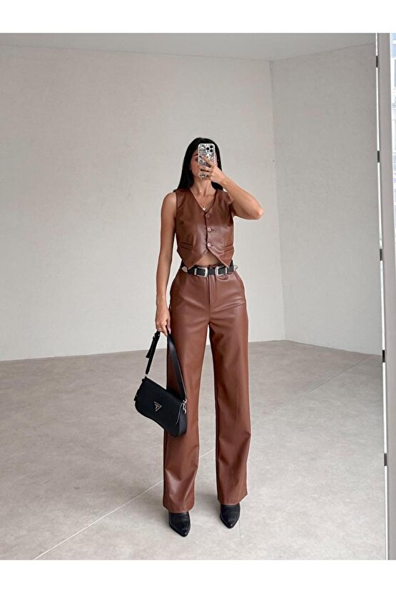 Yelekli Deri Kahverengi Takım