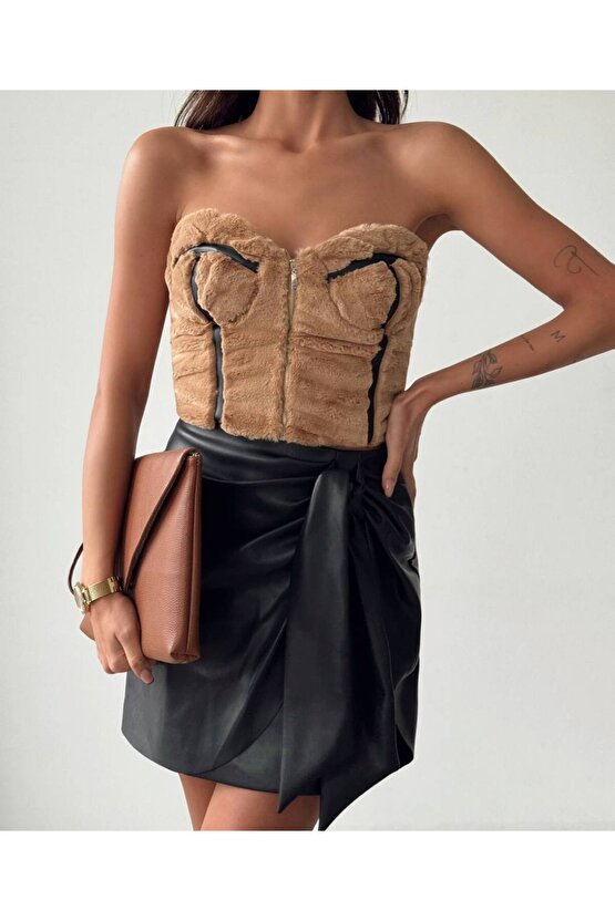 PELUŞ CROP DERİ ETEK 2 Lİ TAKIM