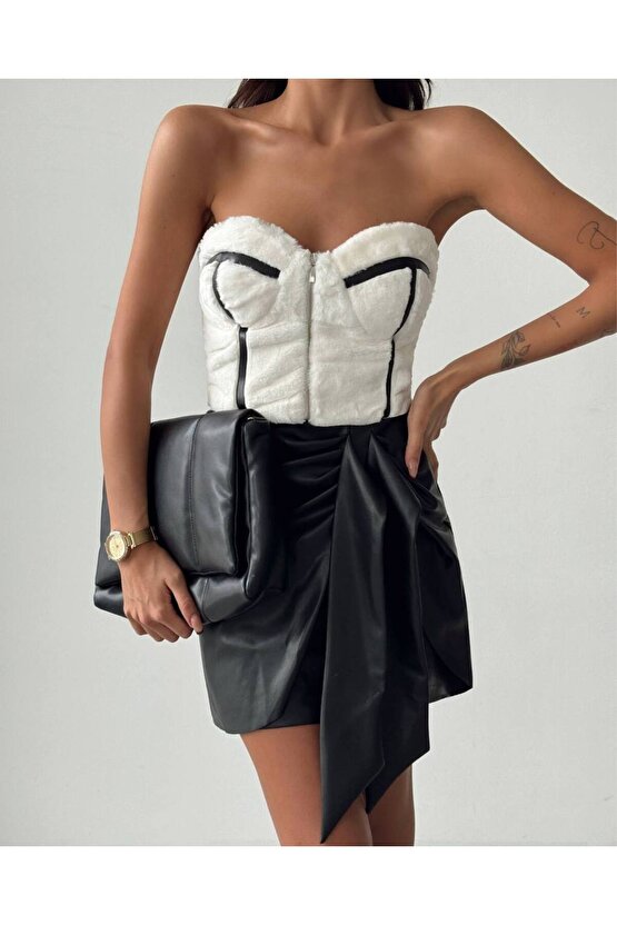 PELUŞ CROP DERİ ETEK 2 Lİ TAKIM