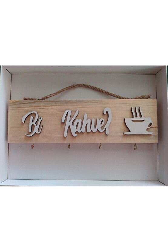 Ahşap Bi Kahve Yazısı Duvar Tablo Fincanlık & Anahtarlık - BEYAZ  Dekoratif  Mutfak Yazıları