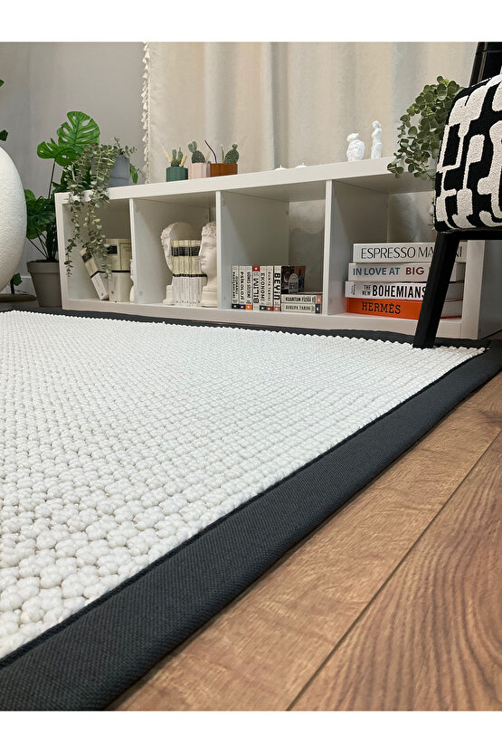 Kumaş Bordür Beyaz Bukle Anrasit Bordür  Halı Salon Koridor Mutfak Çocuk Odası Halısı  Kilim S258