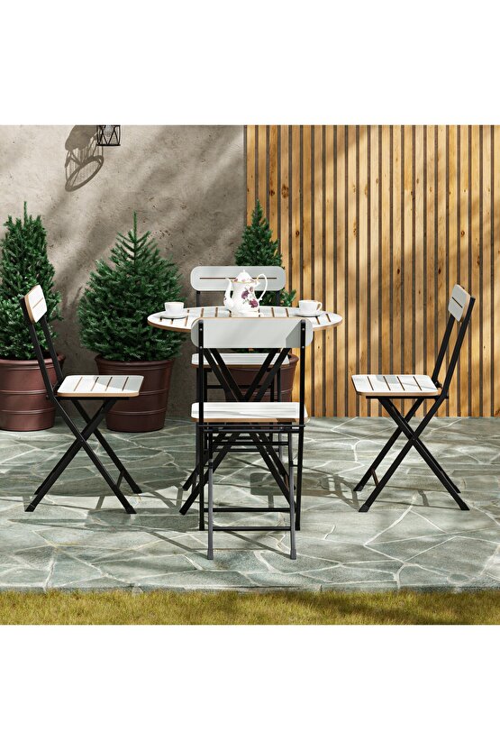 4 Kişilik Yuvarlak Bistro Takım Bahçe Mutfak Masa Sandalye Beyaz 1501