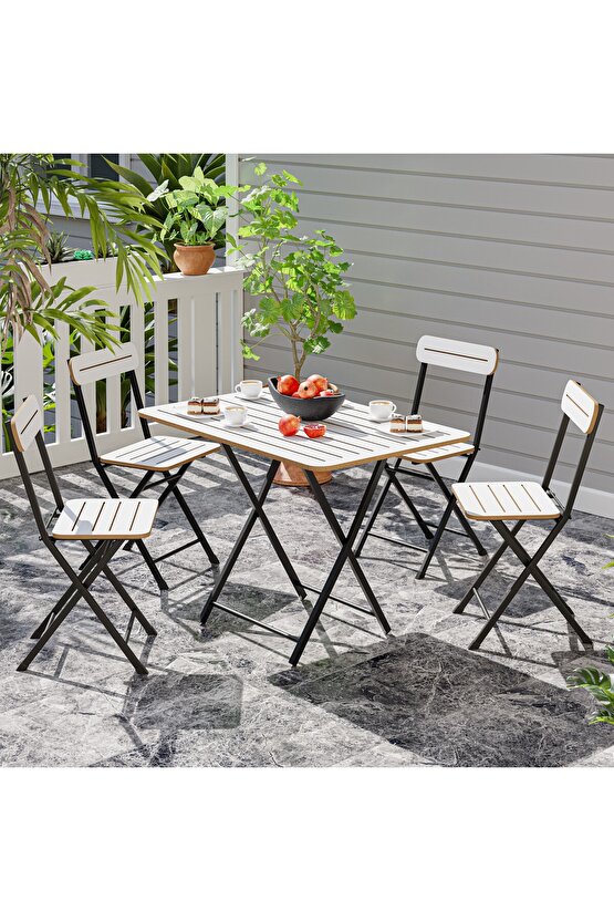 4 Kişilik Minderli Bistro Takım Bahçe Masa Sandalye Beyaz 1431