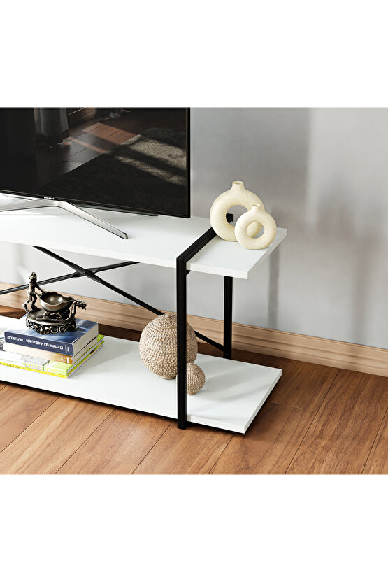 Televizyon Ünitesi Tv Standı Raflı Metal Sehpa Beyaz 1380